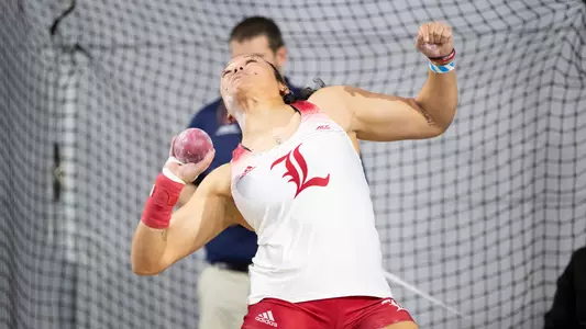 Jayden Ulrich competes in the shot put at the Rod McCravy Memorial Invite