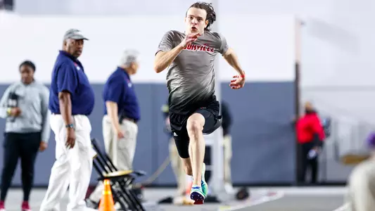 Roman Kuleshov sprints down the runway at the PNC Lenny Lyles Invitational