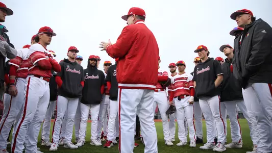 Dan McDonnell talks to the Cardinals after beating Morehead State.