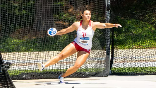 Jayden Ulrich competing in the discus throw at the ACC Outdoor Championships