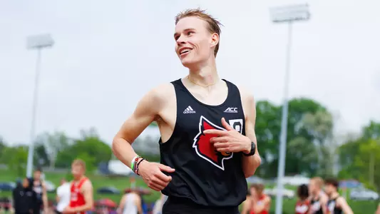 Gustav Bendsen smiles after finishing the 800m at the 2025 Jim Freeman/Clark Wood Invitational