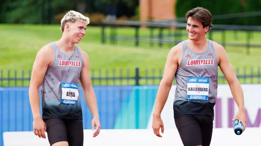 KJ Byrd and Paul Kallenberg smile while competing in the men's decathlon at the 2025 ACC Outdoor Championships.