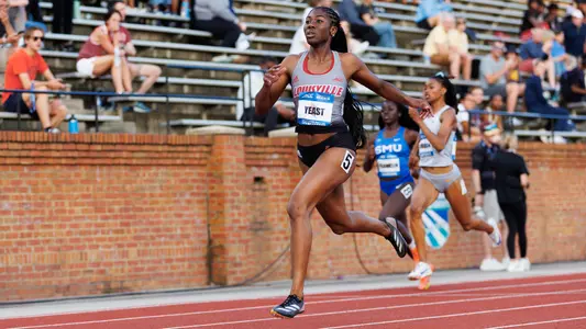 Kiyah Yeast crosses the line in the 200m at the 2025 ACC Outdoor Championships.