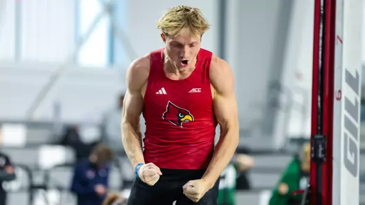 Ty McPhail celebrates after breaking the pole vault school record at the 2026 Rod McCravy Memorial Invitational