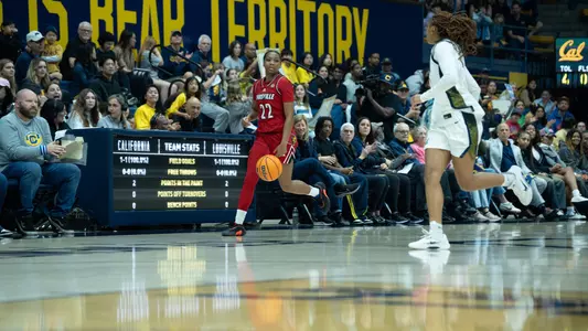 Tajianna Roberts dribbles against Cal