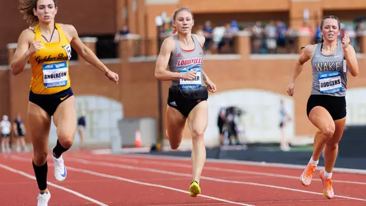 Maya Follmer races the 200m at the 2025 ACC Outdoor Championships.