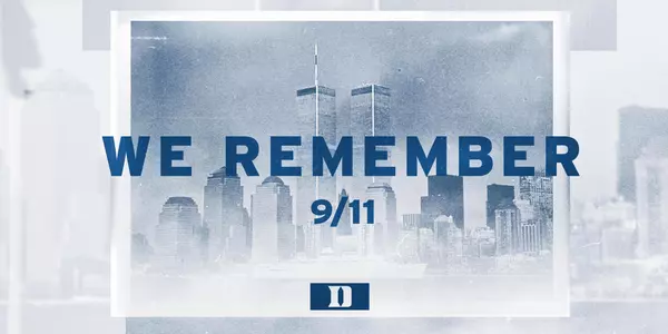 Graphic showing the New York City skyline with the twin towers, "We Remember 9/11