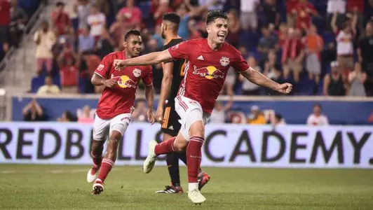 Brian White celebrates a goal with New York Red Bulls