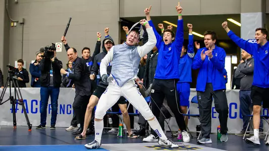 Brycen Rushing of Duke celebrates his Semi Final victory during the 2020 ACC Fencing Championships in South Bend, In., Saturday, February 22, 2020.(Photo by Mike Miller, the ACC)