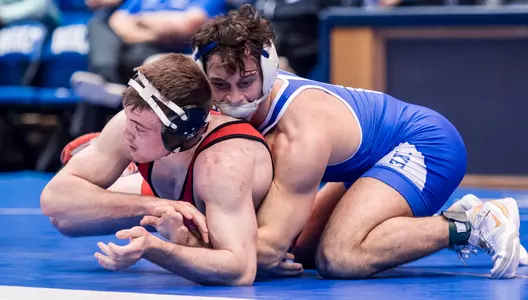 Wade Unger battles a Gardner-Webb wrestler during Duke's dual on Wednesday