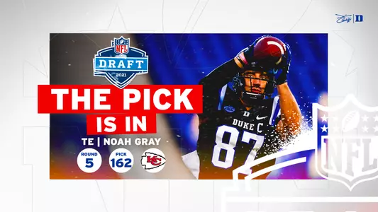 Former Duke tight end Noah Gray was selected in the fifth round of the 2021 NFL Draft by the Kansas City Chiefs.