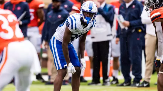 Jeremiah Lewis gets ready to make a play during Duke's game