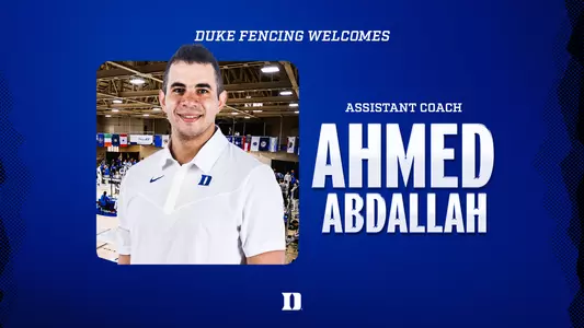 A graphic announcing Ahmed Abdallah as a member of the fencing coach staff.