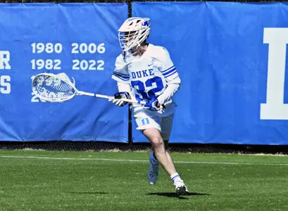 Patrick Jameison  goalie of Duke men's lacrosse looks to pass the ball