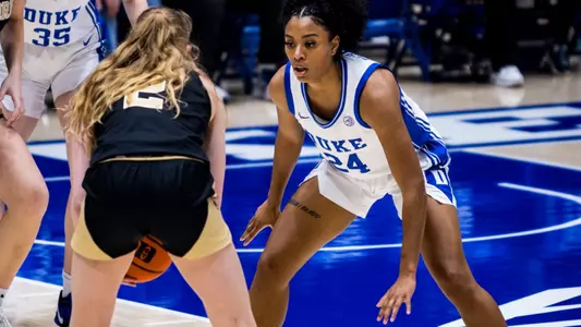 Duke women's basketball guard Reigan Richardson in defensive stance