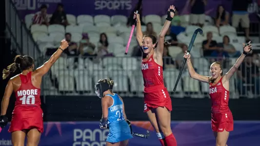 Alaina McVeigh jumps up to celebrate scoring a goal in Pan American Junior Games Semifinal