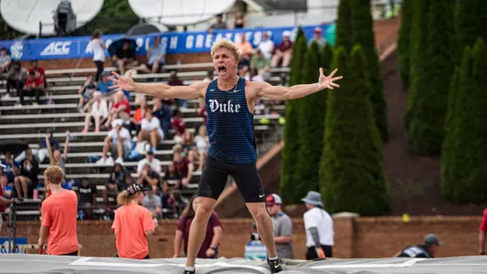 Jonathan Horn exclaims after a successful pole vault clearance at the ACC Outdoor Championships