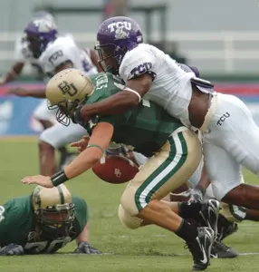 Brian Bonner sacks Baylor quarterback Shawn Bell during the first half.