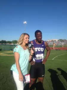 Larra Overton interviewing Charles Silmon for the FSN Big 12 Championships broadcast