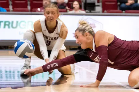 The University of Montana Grizzly volleyball team defeats Northern Arizona University at a home game in Missoula, Montana on October 4, 2025.