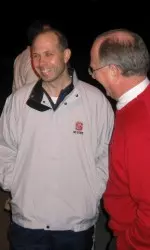 Wolfpack basketball coach Herb Sendek and new Chancellor James L. Oblinger meet with students outside Reynolds Coliseum.