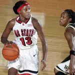 Billie McDowell powers by Wake Forest's Cotelia Bond-Young on her way to 27 points.