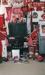 Adam Steele shows off his Wolfpack Shrine.