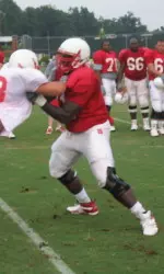 Tackle Derek Morris continues to prepare for the Pack's September 4 opener against Virginia Tech.