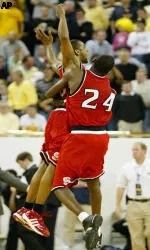 Julius Hodge celebrates Tony Bethel's game-winning shot last year in Atlanta.