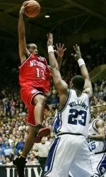 NC State's Cameron Bennerman goes to the basket against Duke's Shelden Williams.