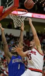 Ilian Evtimov tries to hook the ball over Seton Hall's Kelly Whitney.