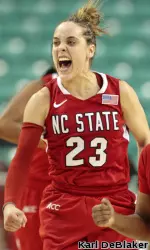 Sophomore Marissa Kastanek celebrates Thursday night's 71-70 victory over Boston College.