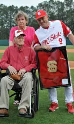 Lefty Freeman with his daughter and NC State baseball coach Elliott Avent.