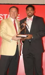 Mark Gottfried presents Trevor Lacey with the David Thompson Team MVP award at Sunday night's team banquet.