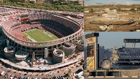 Before and after photos of Qualcomm Stadium.