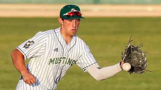 Cal Poly freshman shortstop Brooks Lee fields a grounder.