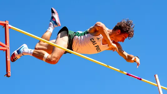 Mathis Bresko competes in the pole vault.