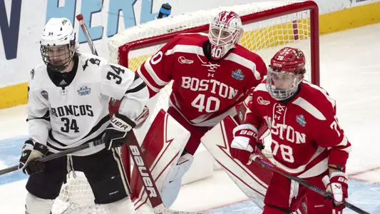 Freshman goaltender Mikhail Yegorov and freshman Sascha Boumedienne 