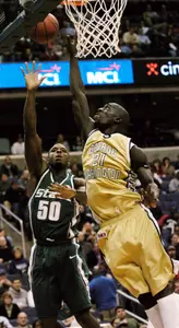 Pops Mensah-Bonsu, who blocked four shots against #9 Michigan State Saturday, was named the A-10 Player of the Week.