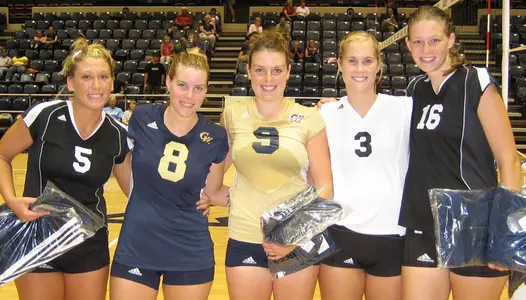Jessica Vesey (#8) and Juliene McLaughlin (#9) were named to the seven-member All-Tournament Team at the 2005 GW Volleyball Invitational.