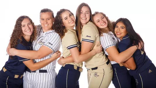 GW softball seniors Jessica Linquist, Elena Shelepak, Kaitlin Buff, Jenna Cone, Faith Weber and Priscilla Martinez pose for the camera.