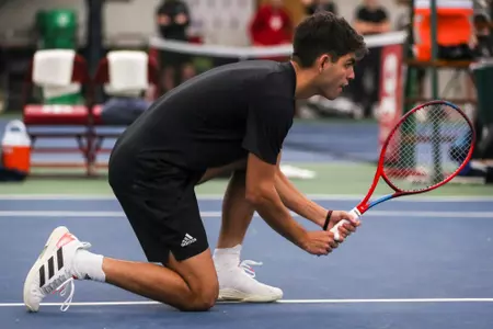 BLOOMINGTON, IN - JANUARY 29, 2023 - Luc Boulier during the match between the Butler Bulldogs and the Indiana Hoosiers at Indiana University Tennis Center in Bloomington, IN. Photo By Pearson Georges/Indiana Athletics