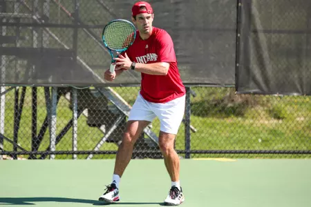 BLOOMINGTON, IN - April 15, 2023 - Mac Rogers during the meet between the Michigan Wolverines and the Indiana Hoosiers at IU Tennis Center in Bloomington, IN. Photo By Gretta Cohoon/Indiana Athletics