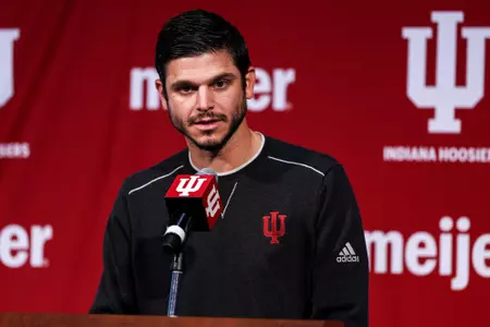 BLOOMINGTON, IN - September 11, 2023 - Indiana Hoosiers Co-Defensive Coordinator and Safeties Coach Matt Guerrieri during press conference at Memorial Stadium in Bloomington, IN. Photo By Andrew Mascharka/Indiana Athletics