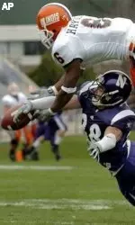 Jeff Backes, pictured here breaking up a pass against Illinois last year, is the 2005 recipient of Playboy's Anson Mount Scholar/Athlete Award.