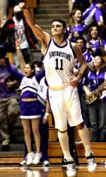 Vedran Vukusic celebrates after Northwestern beat Iowa 51-48. (AP Photo/Nam Y. Huh)