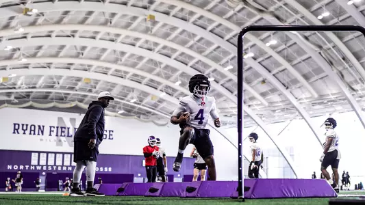 March 6, 2025, Evanston, IL: Members of the Northwestern Football team practice at Wilson Field at Ryan Fieldhouse in Evanston, IL on Thursday, March 6, 2025. (Photo by Griffin Quinn/Northwestern Athletics)