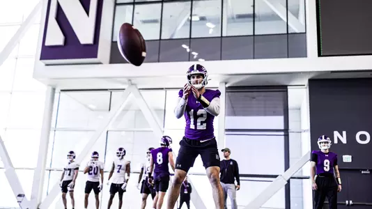 March 6, 2025, Evanston, IL: Members of the Northwestern Football team practice at Wilson Field at Ryan Fieldhouse in Evanston, IL on Thursday, March 6, 2025. (Photo by Griffin Quinn/Northwestern Athletics)