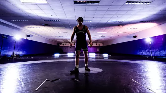 December 14, 2023, Evanston, IL: A video shoot for Northwestern Wrestling at Ken Kraft Wrestling Room in Evanston, IL on Thursday, December 14, 2023. (Photo by Ryan Kuttler/Northwestern Athletics)