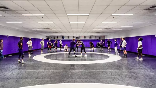 December 12, 2024, Evanston, IL: Members of Northwestern Wrestling practice at Ken Kraft Wrestling Room in Evanston, IL on Thursday, December 12, 2024. (Photo by Ryan Kuttler/Northwestern Athletics)